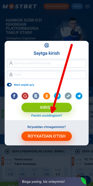 Link "Parolni unutdingizmi?" kirish sahifasida