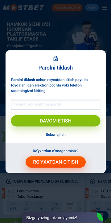 Hisobingizga kirishni tiklash uchun telefon yoki pochtani kiritish maydoni