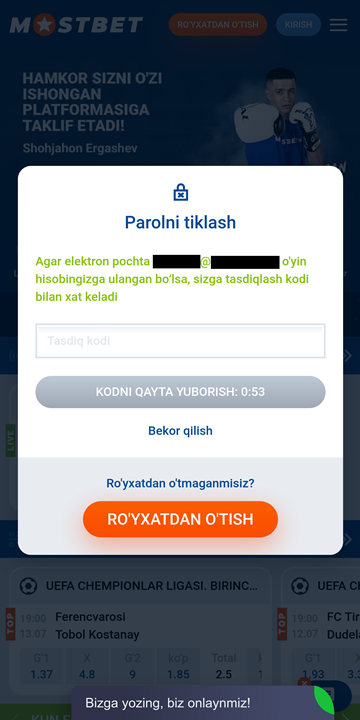 Elektron pochta orqali kirishni tiklashda harfdan kodni kiritish maydoni